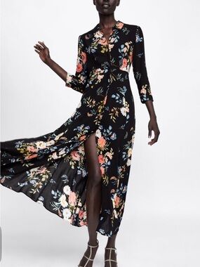 820. Zara Premium Floral Button-Down Midi Dress XS